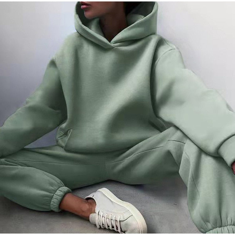 Women Tracksuit Casual Fitness Hooded Long Sleeve Sport Suit Autumn Winter Warm Hoodie Sweatshirts Long Pant Fleece 2 Piece Sets